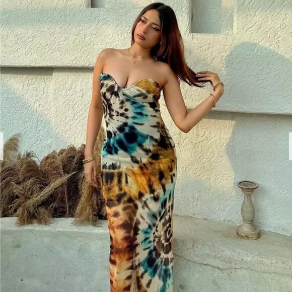 Zara Tulle Tie Dye Strapless Form Fitting Midi Maxi Dress Bloggers Fave, Size S - Picture 4 of 16